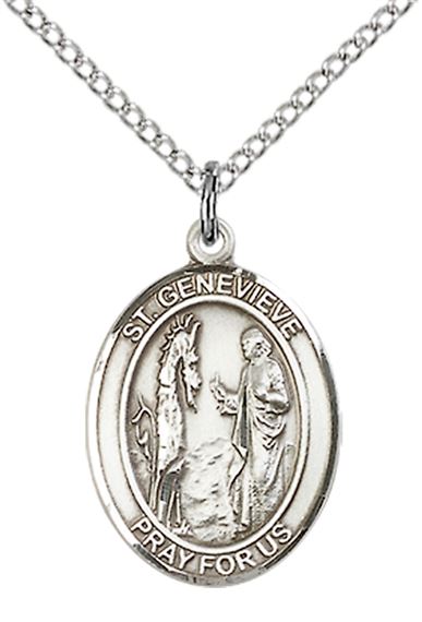 STERLING SILVER ST GENEVIEVE PENDANT WITH CHAIN - 3/4" x 1/2"