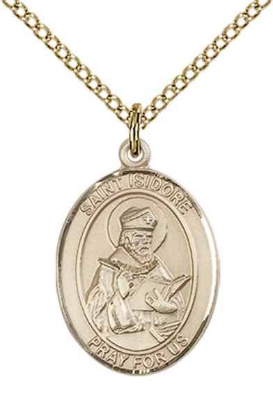 14KT GOLD FILLED ST ISIDORE OF SEVILLE PENDANT WITH CHAIN - 3/4" x 1/2"