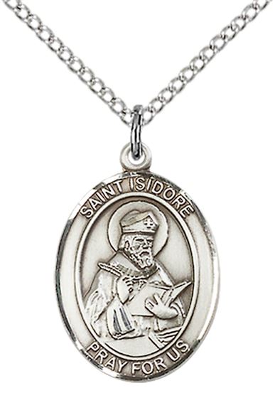 STERLING SILVER ST ISIDORE OF SEVILLE PENDANT WITH CHAIN - 3/4" x 1/2"