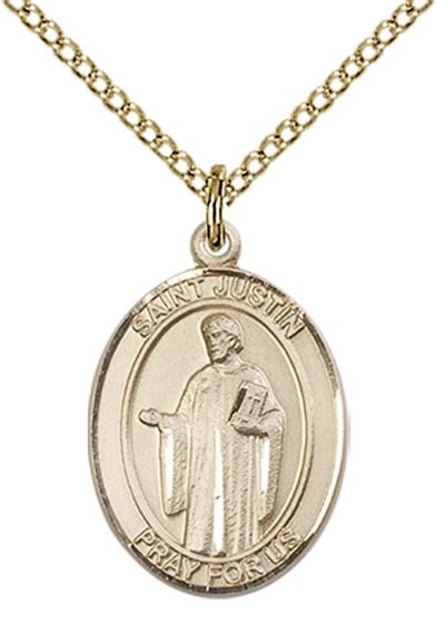 14KT GOLD FILLED ST JUSTIN PENDANT WITH CHAIN - 3/4" x 1/2"