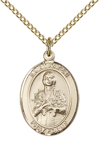 14KT GOLD FILLED ST KATERI PENDANT WITH CHAIN - 3/4" x 1/2"