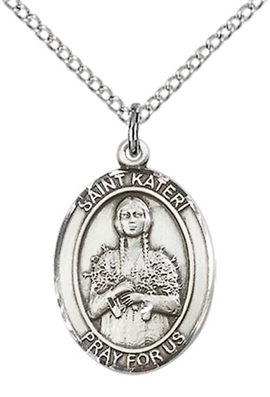 STERLING SILVER ST KATERI PENDANT WITH CHAIN - 3/4" x 1/2"