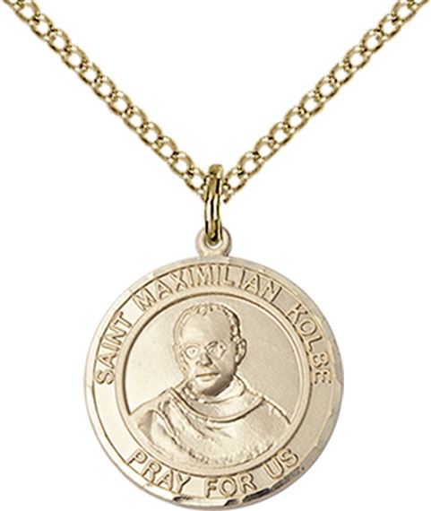 14KT GOLD FILLED ST MAXIMILIAN KOLBE PENDANT WITH CHAIN - 3/4" x 5/8"