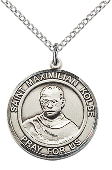 STERLING SILVER ST MAXIMILIAN KOLBE PENDANT WITH CHAIN - 3/4" x 5/8"