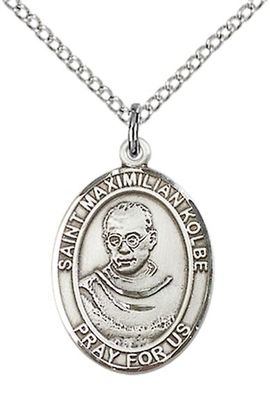 STERLING SILVER ST MAXIMILIAN KOLBE PENDANT WITH CHAIN - 3/4" x 1/2"