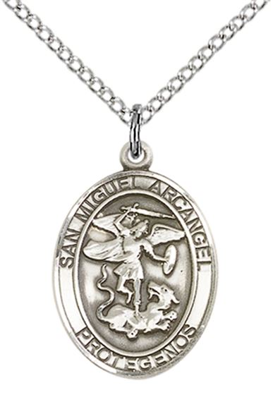 STERLING SILVER SAN MIGUEL ARCANGEL PENDANT WITH CHAIN - 3/4" x 1/2"