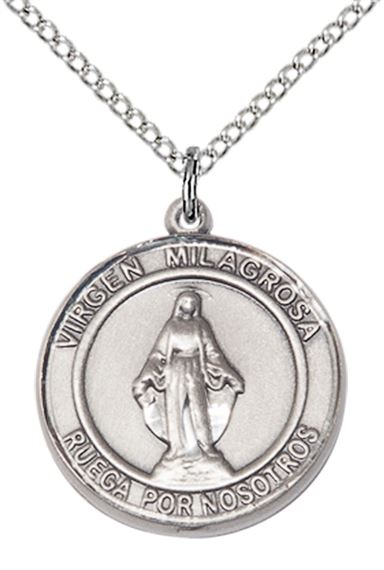 STERLING SILVER VIRGEN MILAGROSA PENDANT WITH CHAIN - 3/4" x 5/8"