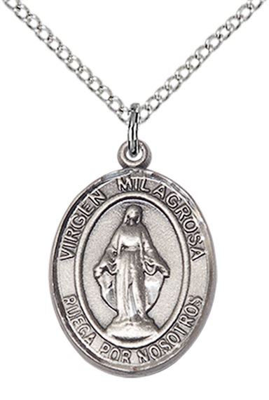 STERLING SILVER VIRGEN MILAGROSA PENDANT WITH CHAIN - 3/4" x 1/2"