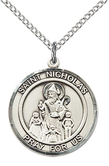 STERLING SILVER ST NICHOLAS PENDANT WITH CHAIN - 3/4" x 5/8"
