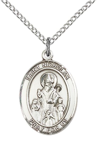 STERLING SILVER ST NICHOLAS PENDANT WITH CHAIN - 3/4" x 1/2"