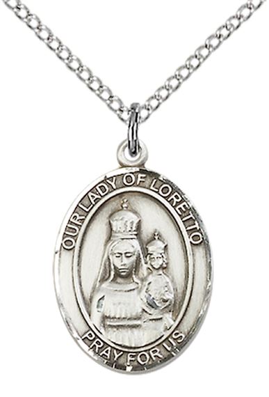 STERLING SILVER OUR LADY OF LORETTO PENDANT WITH CHAIN - 3/4" x 1/2"