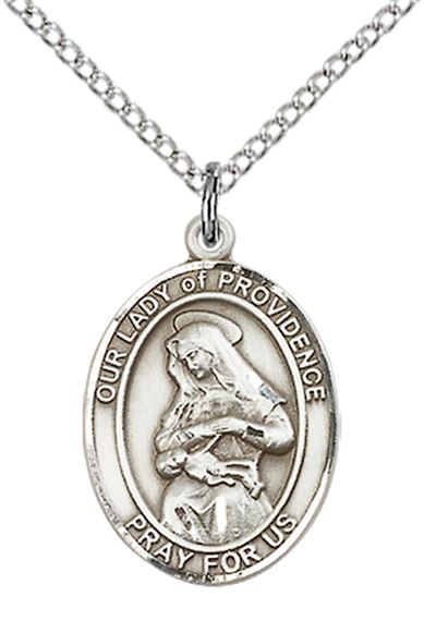 STERLING SILVER OUR LADY OF PROVIDENCE PENDANT WITH CHAIN - 3/4" x 1/2"