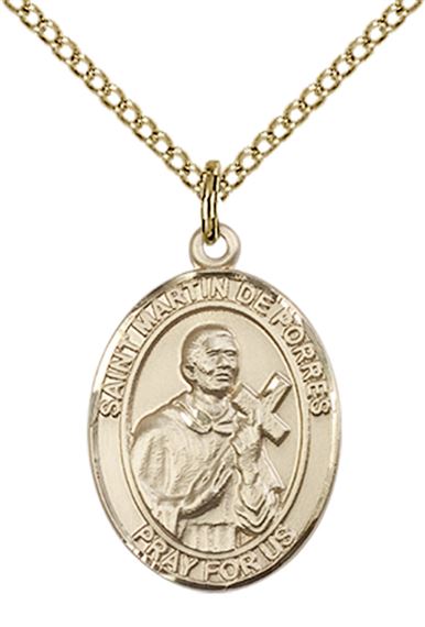 14KT GOLD FILLED ST MARTIN DE PORRES PENDANT WITH CHAIN - 3/4" x 1/2"