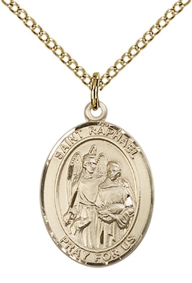 14KT GOLD FILLED ST RAPHAEL THE ARCHANGEL PENDANT WITH CHAIN - 3/4" x 1/2"