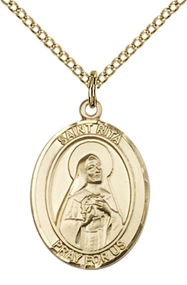 14KT GOLD FILLED ST RITA OF CASCIA PENDANT WITH CHAIN - 3/4" x 1/2"
