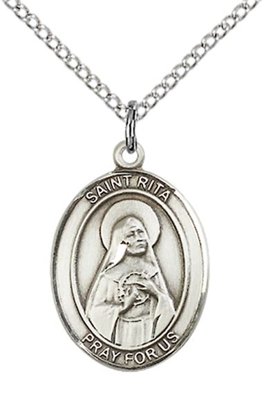 STERLING SILVER ST RITA OF CASCIA PENDANT WITH CHAIN - 3/4" x 1/2"
