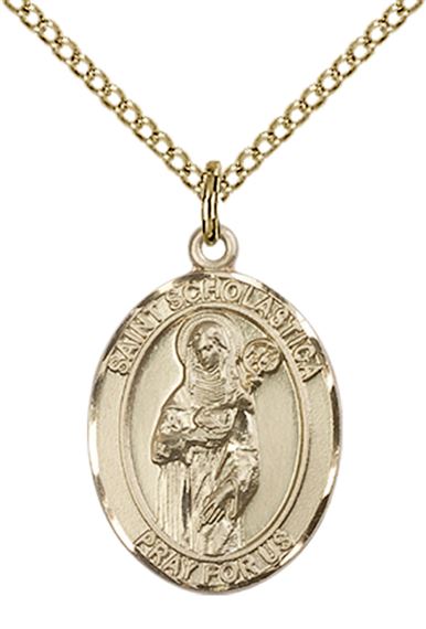 14KT GOLD FILLED ST SCHOLASTICA PENDANT WITH CHAIN - 3/4" x 1/2"