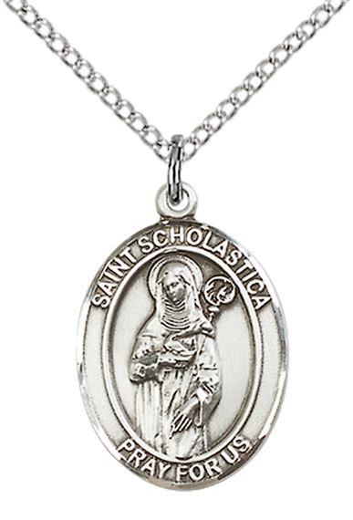 STERLING SILVER ST SCHOLASTICA PENDANT WITH CHAIN - 3/4" x 1/2"