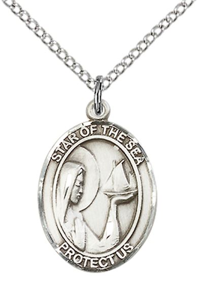 STERLING SILVER OUR LADY STAR OF THE SEA PENDANT WITH CHAIN - 3/4" x 1/2"