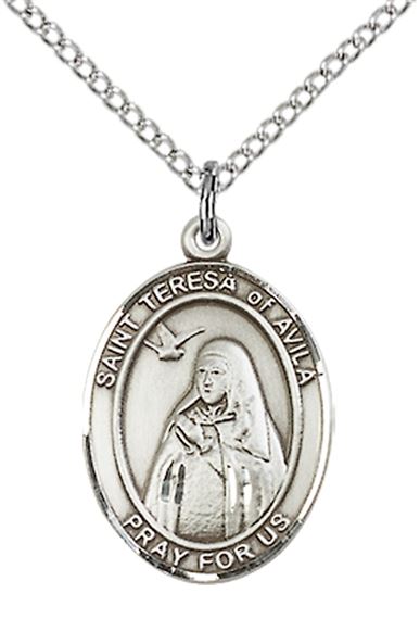 STERLING SILVER ST TERESA OF AVILA PENDANT WITH CHAIN - 3/4" x 1/2"
