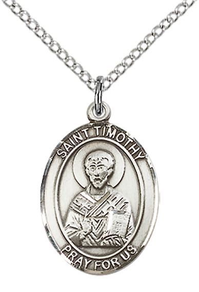 STERLING SILVER ST TIMOTHY PENDANT WITH CHAIN - 3/4" x 1/2"