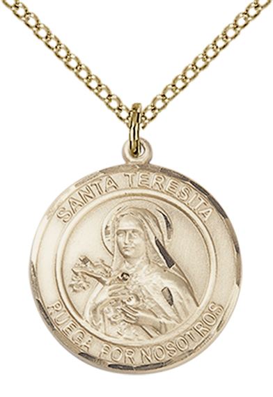 14KT GOLD FILLED SANTA TERESITA PENDANT WITH CHAIN - 3/4" x 5/8"