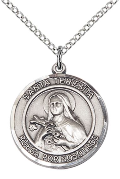 STERLING SILVER SANTA TERESITA PENDANT WITH CHAIN - 3/4" x 5/8"
