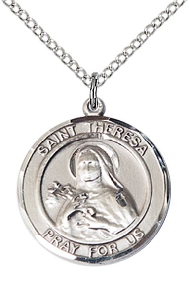 STERLING SILVER ST THERESA PENDANT WITH CHAIN - 3/4" x 5/8"