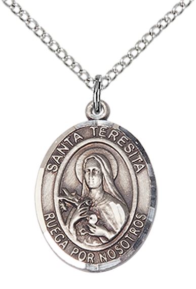 STERLING SILVER SANTA TERESITA PENDANT WITH CHAIN - 3/4" x 1/2"