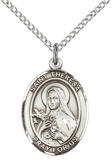 STERLING SILVER ST THERESA PENDANT WITH CHAIN - 3/4" x 1/2"