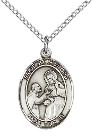 STERLING SILVER ST JOHN OF GOD PENDANT WITH CHAIN - 3/4" x 1/2"