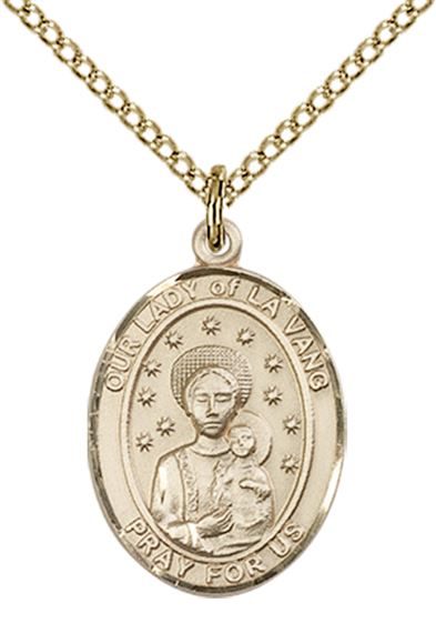 14KT GOLD FILLED OUR LADY OF LA VANG PENDANT WITH CHAIN - 3/4" x 1/2"