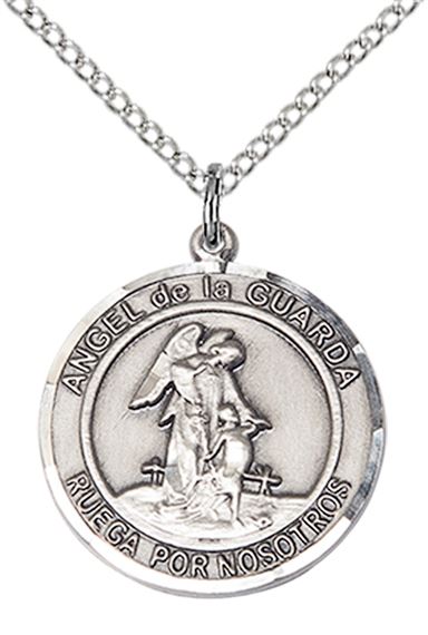 STERLING SILVER ANGEL DE LA GUARDA PENDANT WITH CHAIN - 3/4" x 5/8"