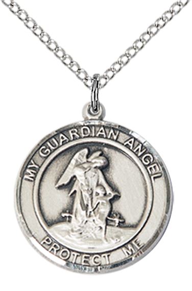 STERLING SILVER GUARDIAN ANGEL PENDANT WITH CHAIN - 3/4" x 5/8"