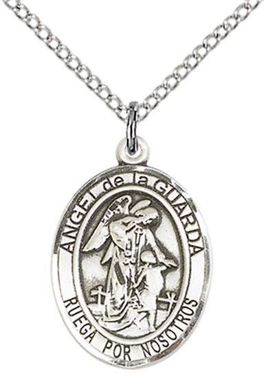 STERLING SILVER ANGEL DE LA GUARDA PENDANT WITH CHAIN - 3/4" x 1/2"