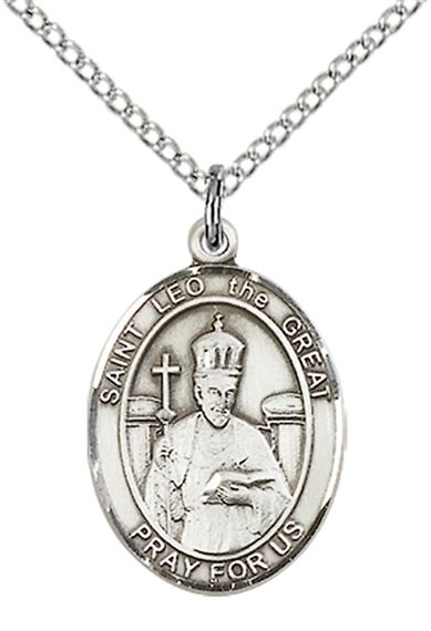 STERLING SILVER ST LEO THE GREAT PENDANT WITH CHAIN - 3/4" x 1/2"