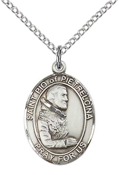 STERLING SILVER ST PIO OF PIETRELCINA PENDANT WITH CHAIN - 3/4" x 1/2"