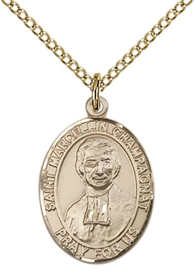 14KT GOLD FILLED ST MARCELLIN CHAMPAGNAT PENDANT WITH CHAIN - 3/4" x 1/2"