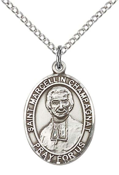 STERLING SILVER ST MARCELLIN CHAMPAGNAT PENDANT WITH CHAIN - 3/4" x 1/2"