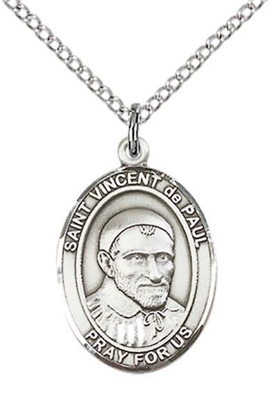 STERLING SILVER ST VINCENT DE PAUL PENDANT WITH CHAIN - 3/4" x 1/2"