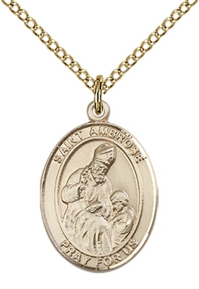 14KT GOLD FILLED ST AMBROSE PENDANT WITH CHAIN - 3/4" x 1/2"