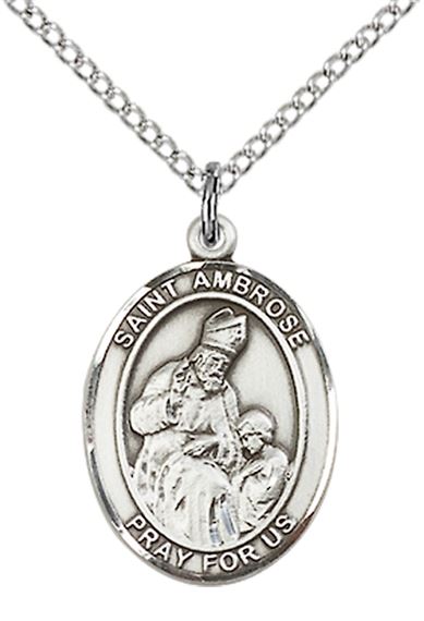 STERLING SILVER ST AMBROSE PENDANT WITH CHAIN - 3/4" x 1/2"