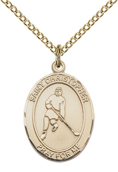 14KT GOLD FILLED ST CHRISTOPHER ICE HOCKEY MEDAL - 3/4" x 1/2"