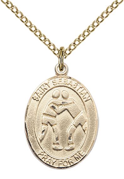 14KT GOLD FILLED ST SEBASTIAN WRESTLING MEDAL - 3/4" x 1/2"