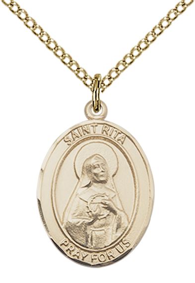 14KT GOLD FILLED ST RITA-BASEBALL PENDANT WITH CHAIN - 3/4" x 1/2"