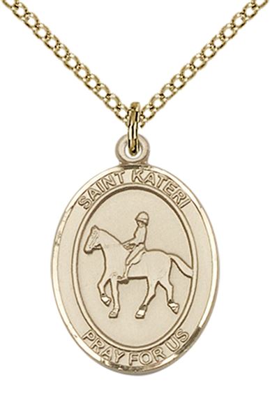 14KT GOLD FILLED ST KATERI EQUESTRIAN MEDAL - 3/4" x 1/2"