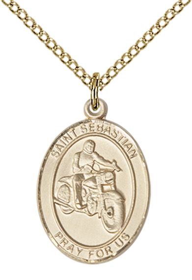14KT GOLD FILLED ST SEBASTIAN MOTORCYCLE MEDAL - 3/4" x 1/2"