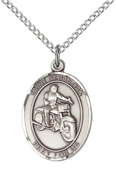 STERLING SILVER ST SEBASTIAN MOTORCYCLE MEDAL - 3/4" x 1/2"