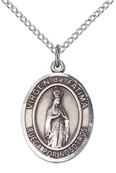 STERLING SILVER VIRGEN DEL FATIMA PENDANT WITH CHAIN - 3/4" x 1/2"