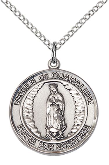 STERLING SILVER VIRGEN DE GUADALUPE PENDANT WITH CHAIN - 3/4" x 5/8"